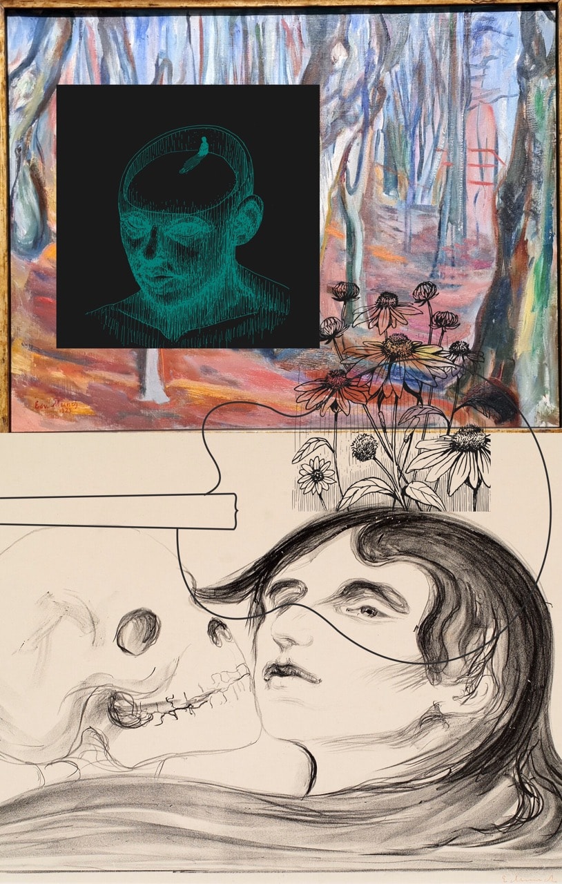 Ex. 6 — forest, mind symbol, coneflowers, and figure sketch: collage for Sound Effect Infinity